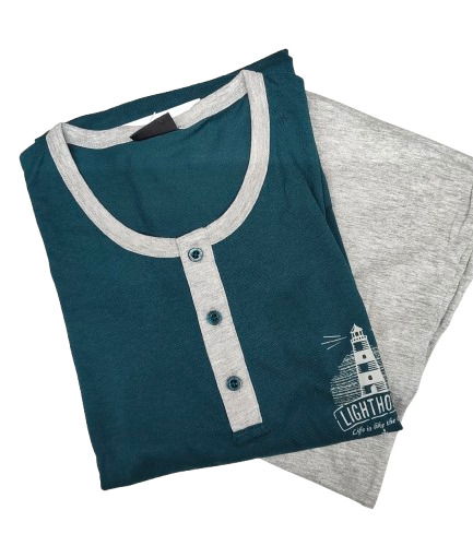 Pigiama uomo lungo serafino in jersey verde oscuro con stampa faro Lovable
