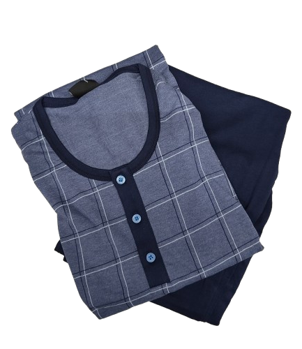 Pigiama uomo lungo serafino in jersey blu melange fantasia quadri Lovable