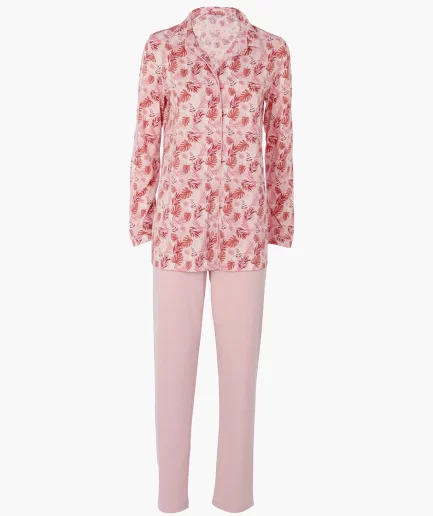 Pigiama lungo donna aperto in jersey rosa polvere con stampa fiori Lovable