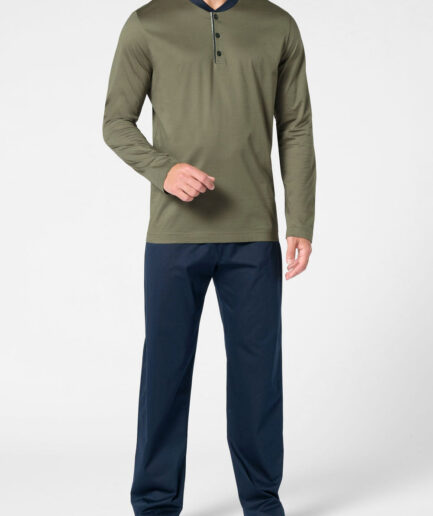 Pigiamo lungo uomo serafino in cotone mercerizzato verde e blu Perofil