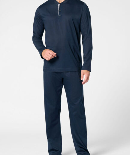 Pigiama lungo uomo serafino in cotone mercerizzato blu Perofil