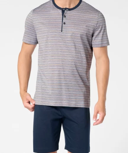 Pigiama corto uomo serafino in cotone mercerizzato fantasia millerighe e blu Perofil