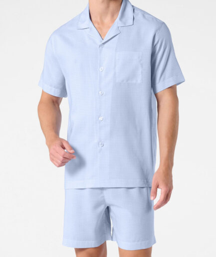 Pigiama corto uomo aperto con collo in lyocell  fantasia quadro azzurro Perofil