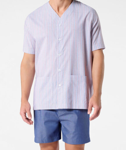 Pigiama corto uomo aperto in popeline di cotone camiceria fantasia millerighe denim Perofil