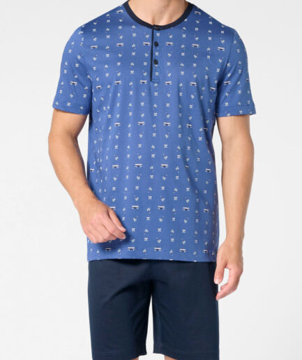 Pigiama corto uomo serafino in cotone jersey mercerizzato stampa fantasia van denim blu Perofil