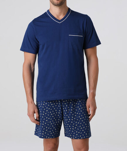 Pigiama corto uomo scollo a V in jersey blu notte Lovable